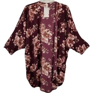 Lime N Chili Women Floral Kimono Size Medium Maroon Open Front Boho Festival NWT